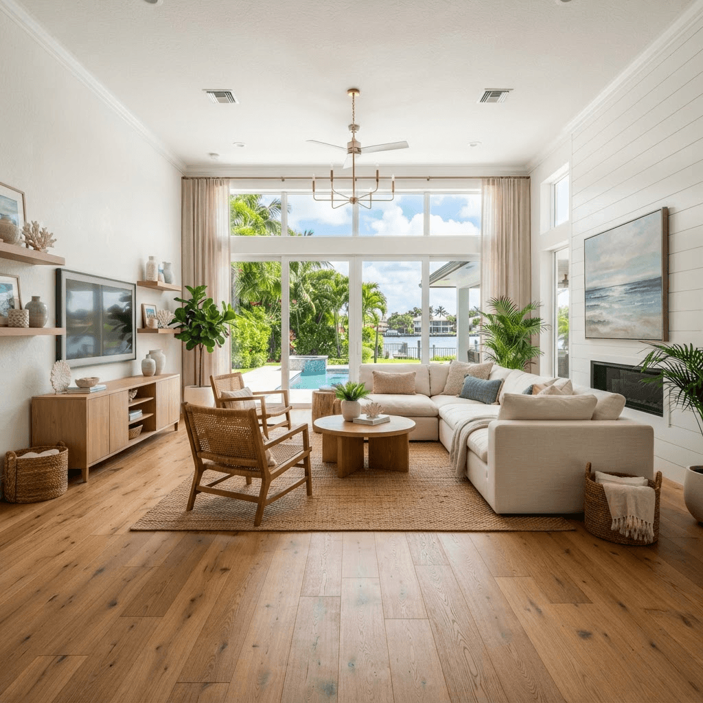 Modern South Florida living room with warm oak hardwood flooring